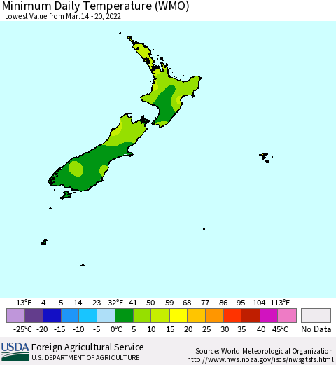 New Zealand Minimum Daily Temperature (WMO) Thematic Map For 3/14/2022 - 3/20/2022