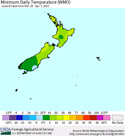 New Zealand Minimum Daily Temperature (WMO) Thematic Map For 3/28/2022 - 4/3/2022