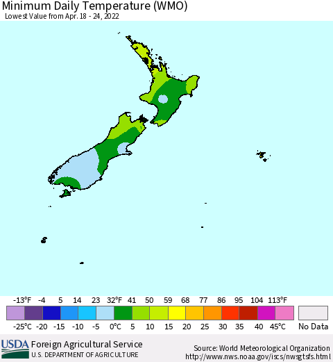 New Zealand Minimum Daily Temperature (WMO) Thematic Map For 4/18/2022 - 4/24/2022