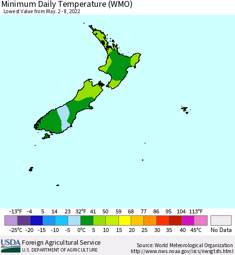 New Zealand Minimum Daily Temperature (WMO) Thematic Map For 5/2/2022 - 5/8/2022