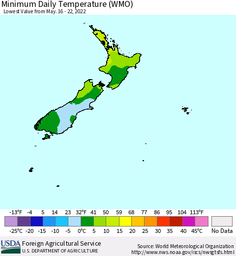 New Zealand Minimum Daily Temperature (WMO) Thematic Map For 5/16/2022 - 5/22/2022