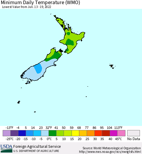 New Zealand Minimum Daily Temperature (WMO) Thematic Map For 6/13/2022 - 6/19/2022