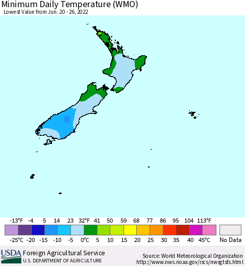 New Zealand Minimum Daily Temperature (WMO) Thematic Map For 6/20/2022 - 6/26/2022