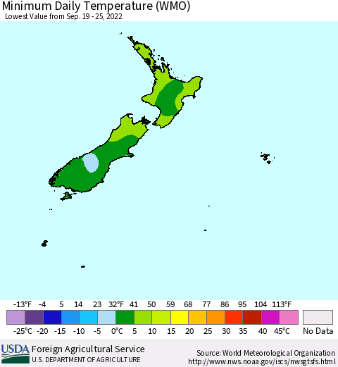 New Zealand Minimum Daily Temperature (WMO) Thematic Map For 9/19/2022 - 9/25/2022