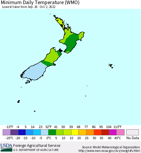 New Zealand Minimum Daily Temperature (WMO) Thematic Map For 9/26/2022 - 10/2/2022