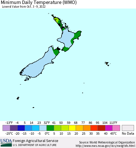 New Zealand Minimum Daily Temperature (WMO) Thematic Map For 10/3/2022 - 10/9/2022