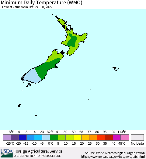 New Zealand Minimum Daily Temperature (WMO) Thematic Map For 10/24/2022 - 10/30/2022