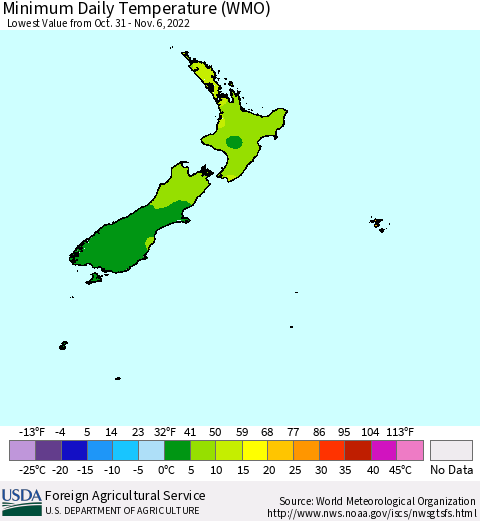 New Zealand Minimum Daily Temperature (WMO) Thematic Map For 10/31/2022 - 11/6/2022