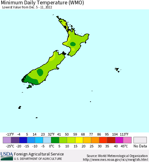 New Zealand Minimum Daily Temperature (WMO) Thematic Map For 12/5/2022 - 12/11/2022