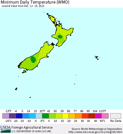 New Zealand Minimum Daily Temperature (WMO) Thematic Map For 12/12/2022 - 12/18/2022