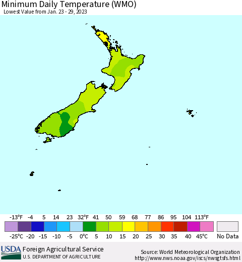 New Zealand Minimum Daily Temperature (WMO) Thematic Map For 1/23/2023 - 1/29/2023