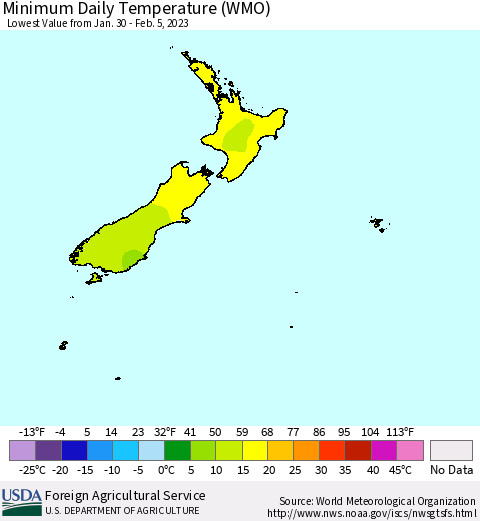 New Zealand Minimum Daily Temperature (WMO) Thematic Map For 1/30/2023 - 2/5/2023