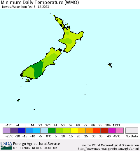New Zealand Minimum Daily Temperature (WMO) Thematic Map For 2/6/2023 - 2/12/2023
