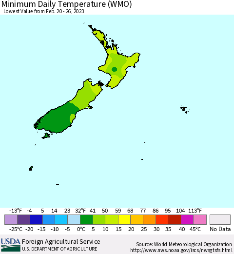 New Zealand Minimum Daily Temperature (WMO) Thematic Map For 2/20/2023 - 2/26/2023