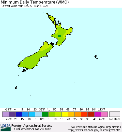 New Zealand Minimum Daily Temperature (WMO) Thematic Map For 2/27/2023 - 3/5/2023
