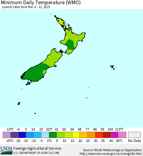 New Zealand Minimum Daily Temperature (WMO) Thematic Map For 3/6/2023 - 3/12/2023