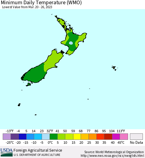 New Zealand Minimum Daily Temperature (WMO) Thematic Map For 3/20/2023 - 3/26/2023