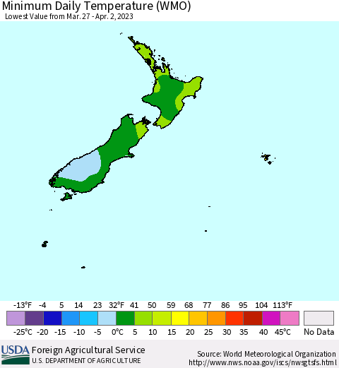 New Zealand Minimum Daily Temperature (WMO) Thematic Map For 3/27/2023 - 4/2/2023