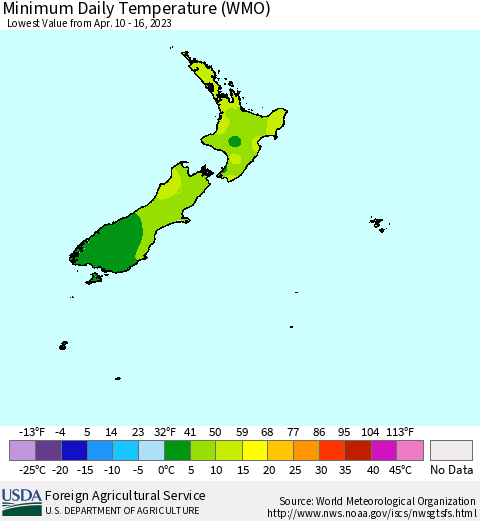 New Zealand Minimum Daily Temperature (WMO) Thematic Map For 4/10/2023 - 4/16/2023