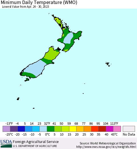 New Zealand Minimum Daily Temperature (WMO) Thematic Map For 4/24/2023 - 4/30/2023