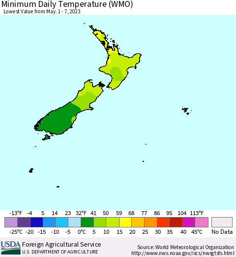 New Zealand Minimum Daily Temperature (WMO) Thematic Map For 5/1/2023 - 5/7/2023