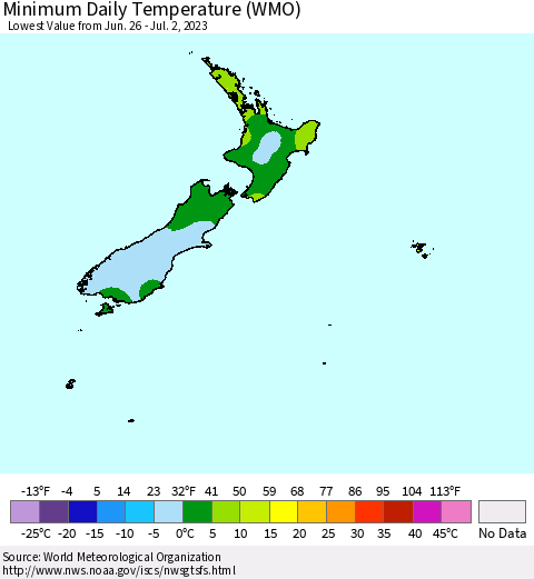 New Zealand Minimum Daily Temperature (WMO) Thematic Map For 6/26/2023 - 7/2/2023