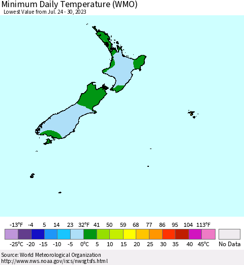 New Zealand Minimum Daily Temperature (WMO) Thematic Map For 7/24/2023 - 7/30/2023
