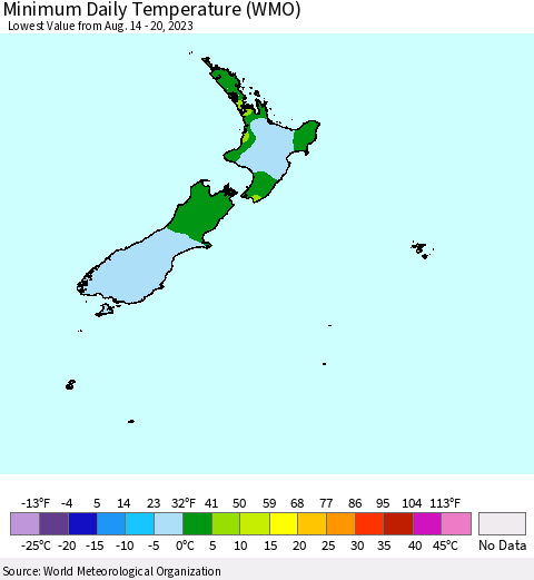 New Zealand Minimum Daily Temperature (WMO) Thematic Map For 8/14/2023 - 8/20/2023
