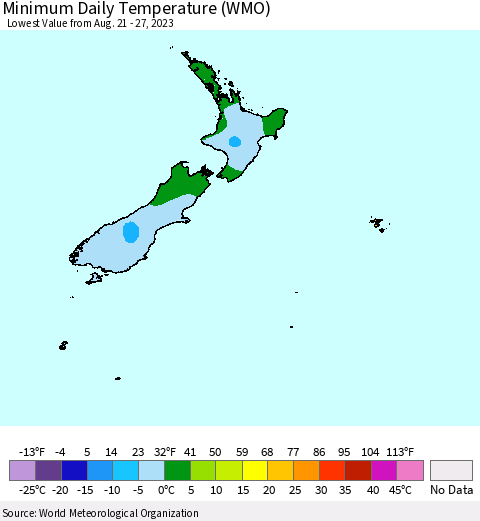New Zealand Minimum Daily Temperature (WMO) Thematic Map For 8/21/2023 - 8/27/2023