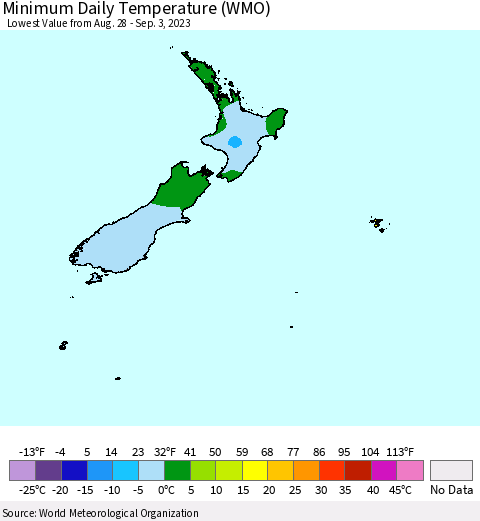 New Zealand Minimum Daily Temperature (WMO) Thematic Map For 8/28/2023 - 9/3/2023