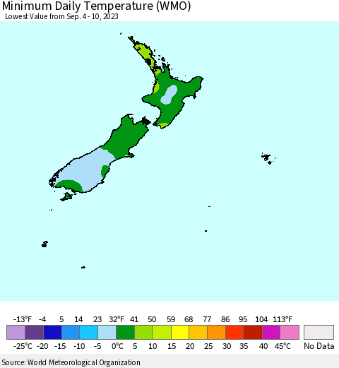 New Zealand Minimum Daily Temperature (WMO) Thematic Map For 9/4/2023 - 9/10/2023