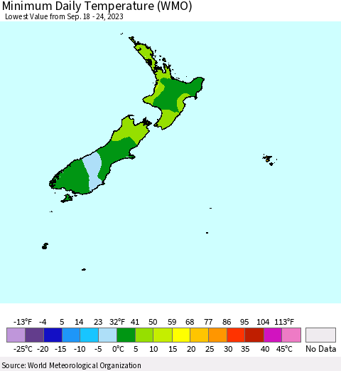 New Zealand Minimum Daily Temperature (WMO) Thematic Map For 9/18/2023 - 9/24/2023