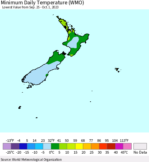 New Zealand Minimum Daily Temperature (WMO) Thematic Map For 9/25/2023 - 10/1/2023