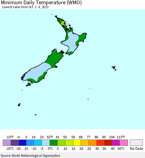 New Zealand Minimum Daily Temperature (WMO) Thematic Map For 10/2/2023 - 10/8/2023