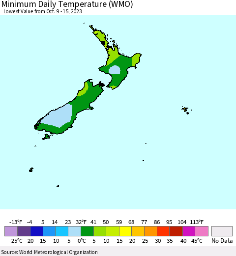New Zealand Minimum Daily Temperature (WMO) Thematic Map For 10/9/2023 - 10/15/2023