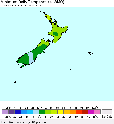 New Zealand Minimum Daily Temperature (WMO) Thematic Map For 10/16/2023 - 10/22/2023