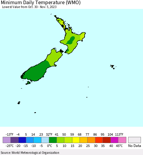 New Zealand Minimum Daily Temperature (WMO) Thematic Map For 10/30/2023 - 11/5/2023