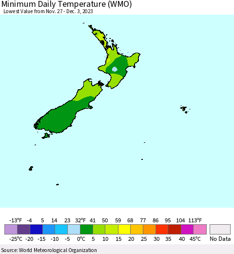 New Zealand Minimum Daily Temperature (WMO) Thematic Map For 11/27/2023 - 12/3/2023