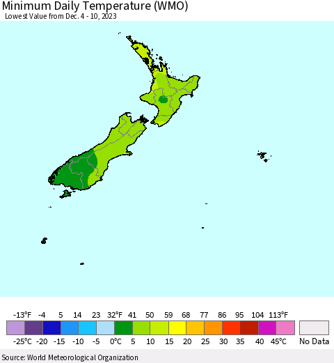 New Zealand Minimum Daily Temperature (WMO) Thematic Map For 12/4/2023 - 12/10/2023