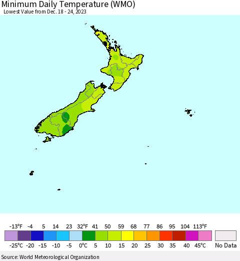 New Zealand Minimum Daily Temperature (WMO) Thematic Map For 12/18/2023 - 12/24/2023
