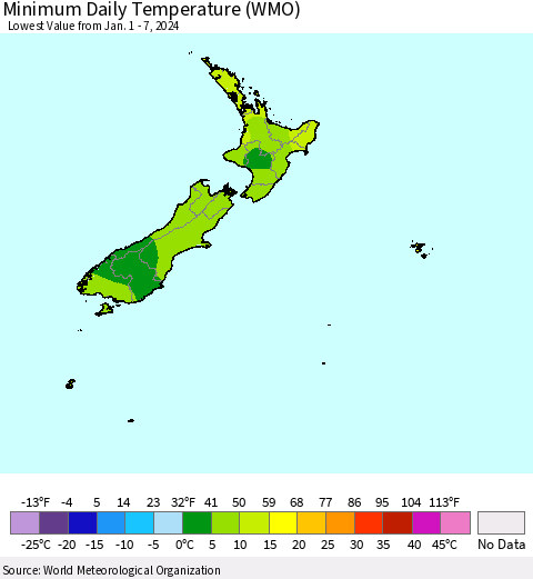 New Zealand Minimum Daily Temperature (WMO) Thematic Map For 1/1/2024 - 1/7/2024