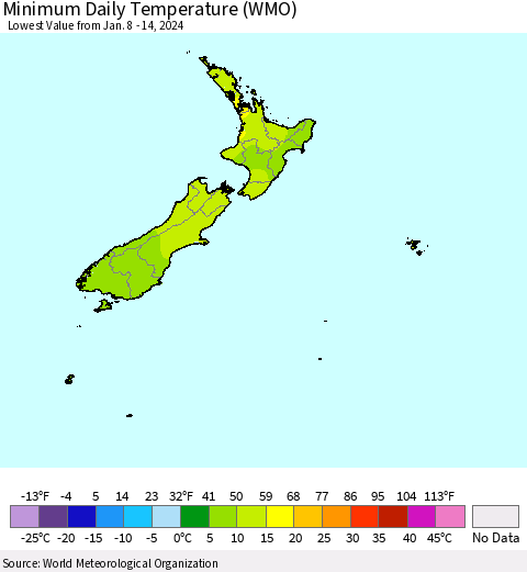 New Zealand Minimum Daily Temperature (WMO) Thematic Map For 1/8/2024 - 1/14/2024