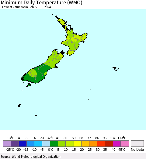 New Zealand Minimum Daily Temperature (WMO) Thematic Map For 2/5/2024 - 2/11/2024