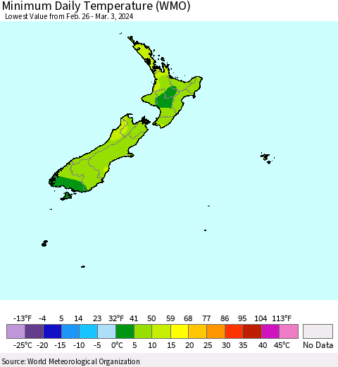 New Zealand Minimum Daily Temperature (WMO) Thematic Map For 2/26/2024 - 3/3/2024