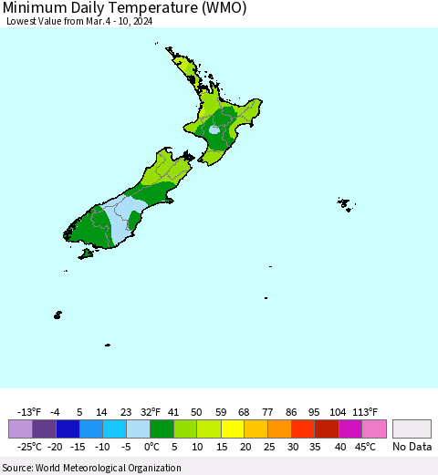 New Zealand Minimum Daily Temperature (WMO) Thematic Map For 3/4/2024 - 3/10/2024