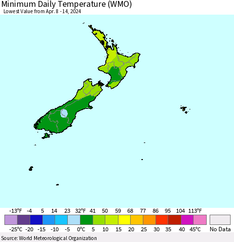 New Zealand Minimum Daily Temperature (WMO) Thematic Map For 4/8/2024 - 4/14/2024