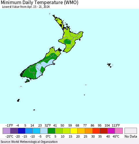 New Zealand Minimum Daily Temperature (WMO) Thematic Map For 4/15/2024 - 4/21/2024
