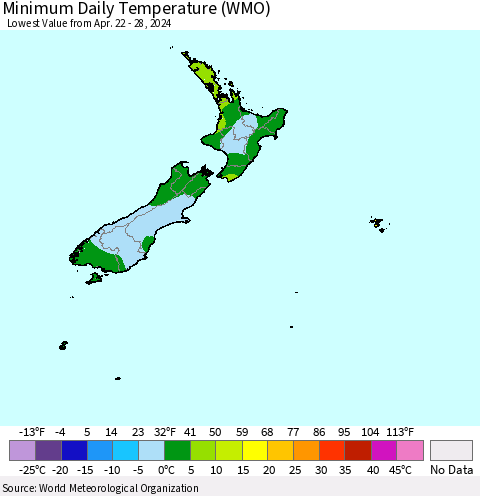 New Zealand Minimum Daily Temperature (WMO) Thematic Map For 4/22/2024 - 4/28/2024