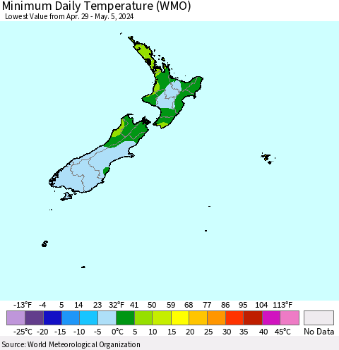 New Zealand Minimum Daily Temperature (WMO) Thematic Map For 4/29/2024 - 5/5/2024