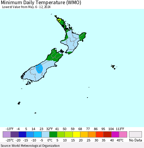 New Zealand Minimum Daily Temperature (WMO) Thematic Map For 5/6/2024 - 5/12/2024